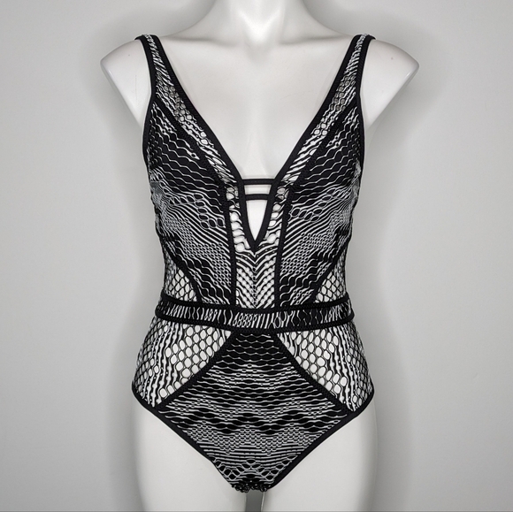Becca black white mesh semi sheer low cut one piece swimsuit M - Picture 1 of 13